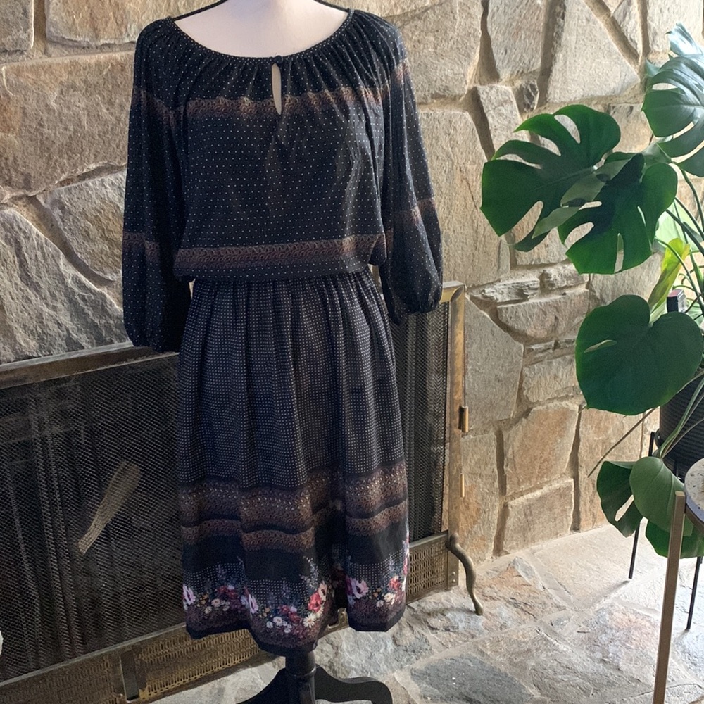 Vintage 70s Liz Roberts Whimsical Black with flowers and polka dot dress